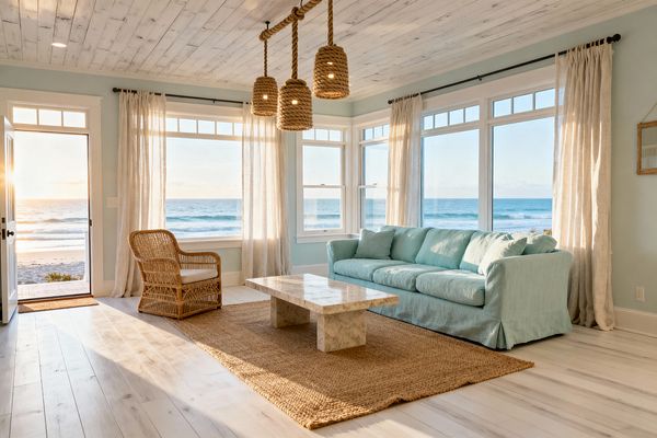 A bright coastal living room opens to a beach view through an open door and a wall of large windows, softened by sheer linen curtains. Inside, a seafoam-green slipcovered sofa faces a low travertine coffee table on a chunky jute rug, matched with a rattan armchair; whitewashed wood floors and a plank ceiling set a driftwood tone, while three rope-wrapped pendant lights and black metal curtain rods add textured, nautical accents in warm sunset light.