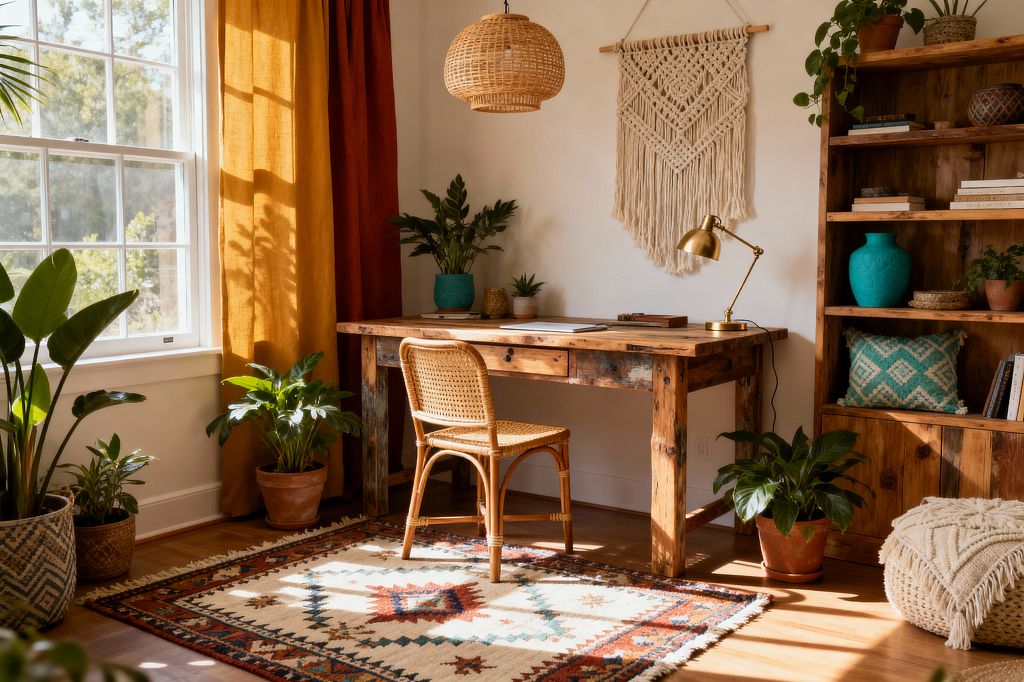 A sunlit Bohemian home office features a reclaimed wood desk and matching open bookcase against a white wall, centered beneath a woven rattan pendant. A rattan chair sits at the desk with a brass task lamp, notebooks, and small plants. A large window with mustard and rust linen curtains brightens the room. A macramé wall hanging, terracotta potted plants, a geometric kilim rug, and a chunky knit pouf add texture, while turquoise accents and hardwood floors complete the warm, earthy scene.