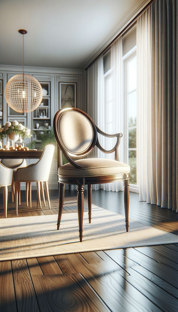 A charming hoop back chair made of polished wood, standing in a well-lit dining room with a large window in the background, illustrating its elegant design and how it complements the room's decor.