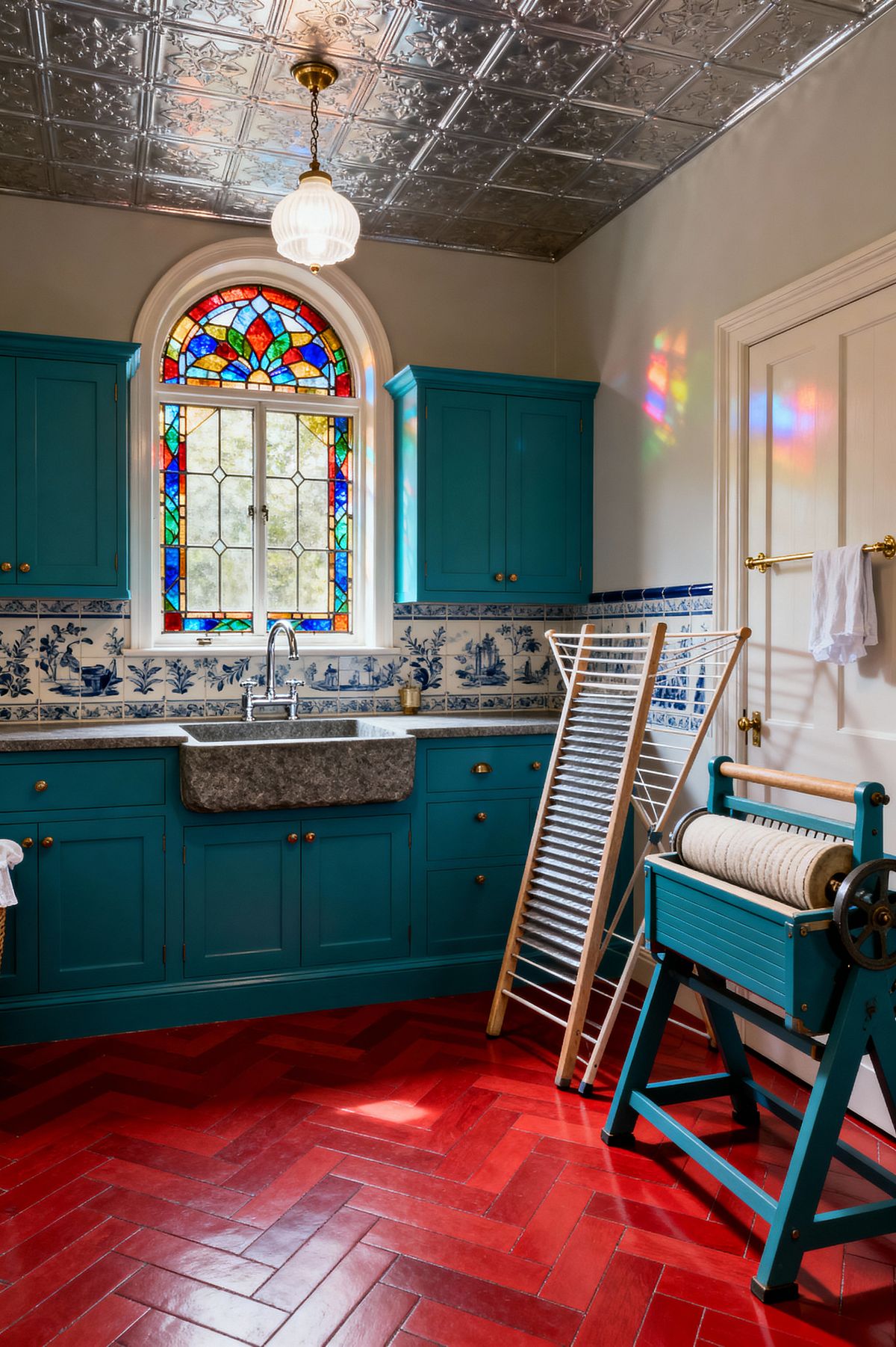 Room AI – Victorian Laundry with Teal Cabinets and Stained Glass