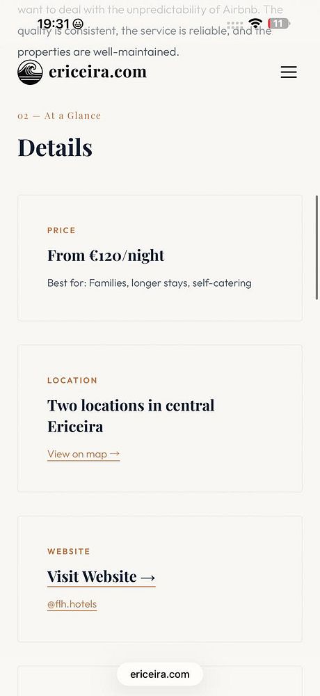 A screenshot of a website page titled Aethos Ericeira with navigation links and a large hero image.