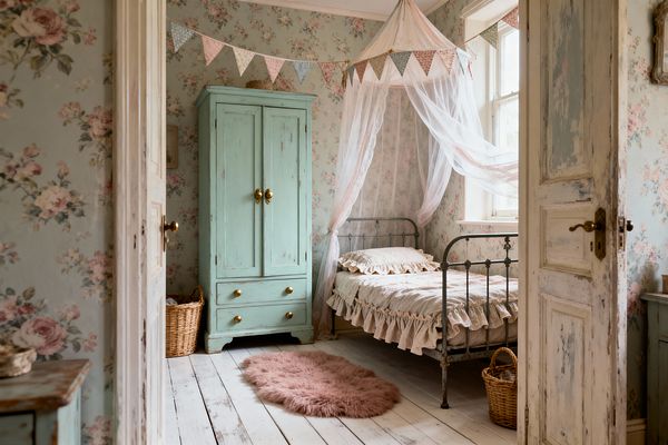 Children’s bedroom styled in shabby chic decor with powder-blue floral wallpaper, a distressed mint-green armoire with brass knobs, and an antique dark iron bed trimmed with cream ruffled bedding. A sheer white canopy and pastel bunting hang above, with whitewashed plank flooring, a dusty-rose faux-fur rug, wicker baskets, and a tall window bringing soft natural light.