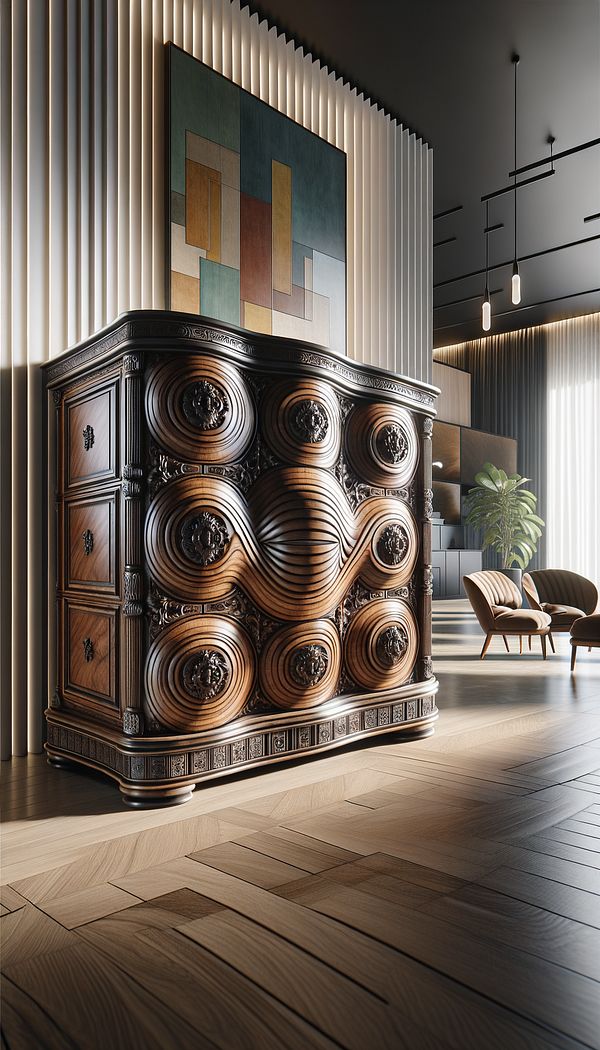 A beautifully carved, antique wooden chest of drawers with a convex central section, sitting elegantly in a well-lit, modern bedroom.