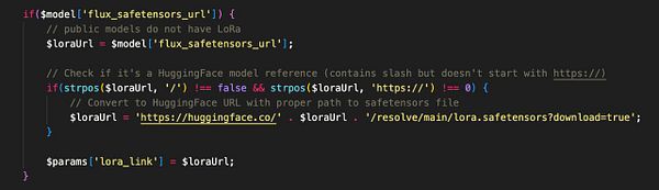 The image displays a code snippet written in a programming language, likely PHP, related to handling URLs for Hugging Face models.