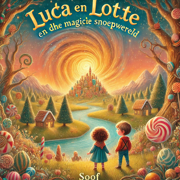 A whimsical illustration depicting two children standing in a candy-filled landscape, gazing at a magical city.