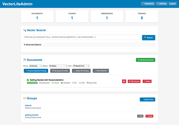 The image displays the user interface of the VectorLiteAdmin tool for managing vector databases.