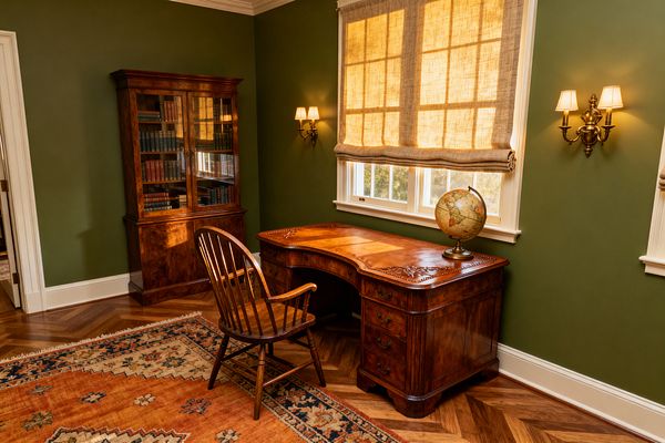 Traditional home office with olive green walls and white trim. A serpentine mahogany desk with a brown leather inlay sits before two windows dressed in beige linen Roman shades, flanked by antique-brass double-arm sconces. A Windsor wood chair faces the desk with a vintage globe on top, while a glass-front bookcase filled with books stands at left. Herringbone oak flooring and a rust-and-blue patterned rug complete the warm, library-like space.