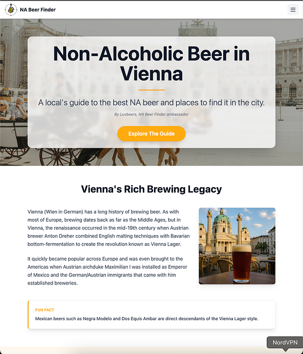 The image features a webpage promoting a guide to non-alcoholic beer in Vienna, Austria.