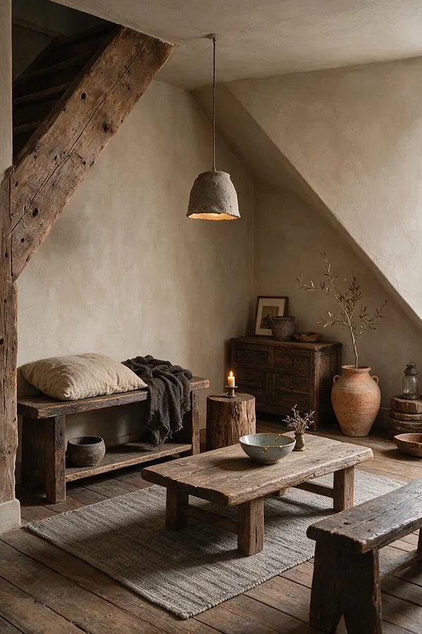 A serene basement lounge with rough plaster walls, exposed timber beams, and worn wooden benches arranged around a low rustic coffee table. A hanging clay pendant light, neutral textiles, ceramic vessels, and a warm candle create a calm Wabi-Sabi atmosphere.