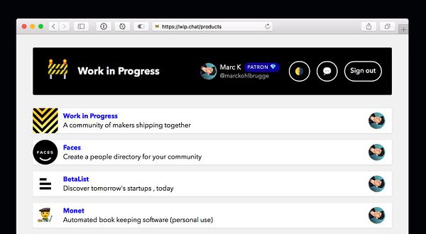 The image shows a webpage displaying a Work in Progress product showcase with a user profile and navigation options.