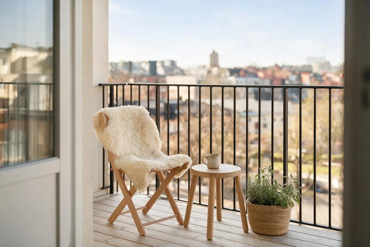 A Scandinavian-style balcony with a light wood folding chair covered in a cream sheepskin throw, a small round wooden side table with a mug, and a woven basket planter filled with greenery. Black metal railings frame a soft, sunlit city view in the background.
