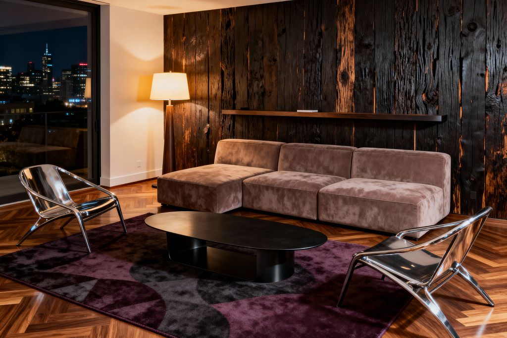 Contemporary living room with a charred wood plank feature wall and slim floating shelf, a low taupe velvet sectional, and two polished chrome lounge chairs. A matte black oval coffee table rests on a deep plum and charcoal rug. A warm floor lamp highlights the walnut herringbone floor, while a floor-to-ceiling window reveals a nighttime city skyline, adding reflections and a soft ambient glow to the space.