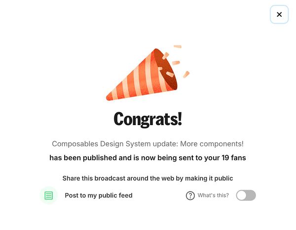 A celebratory notification about a design system update is displayed.