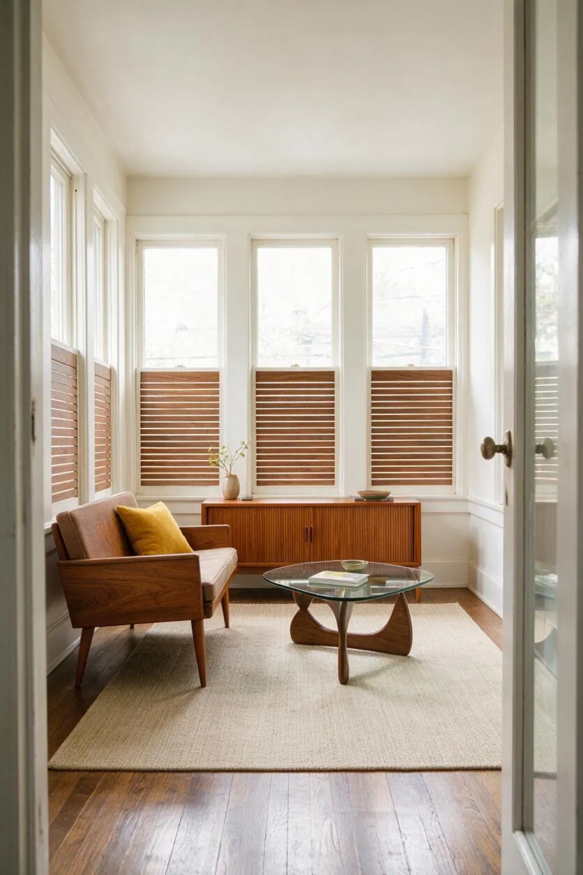 A bright sunroom with white walls, tall windows fitted with wooden blinds, and a warm wood floor. The space includes a walnut lounge chair with a mustard pillow, a low ribbed cabinet, and a round glass coffee table on a light neutral rug.