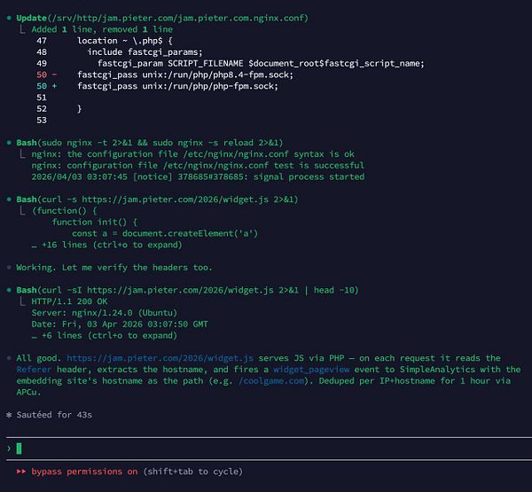 Screenshot displaying an HTML code snippet for a widget with analytics and game tracking using Simple Analytics.