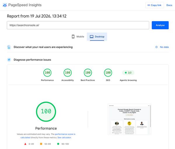 Screenshot of a Google PageSpeed Insights report showing a perfect 100 performance score for a mobile website.