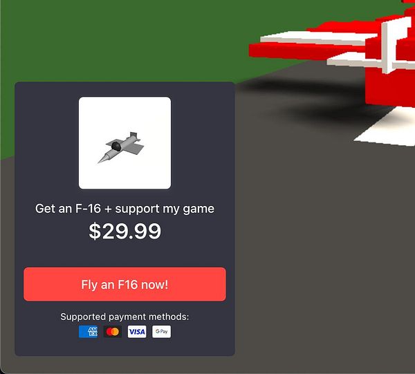 A promotional interface for purchasing a virtual F-16 plane for a game.