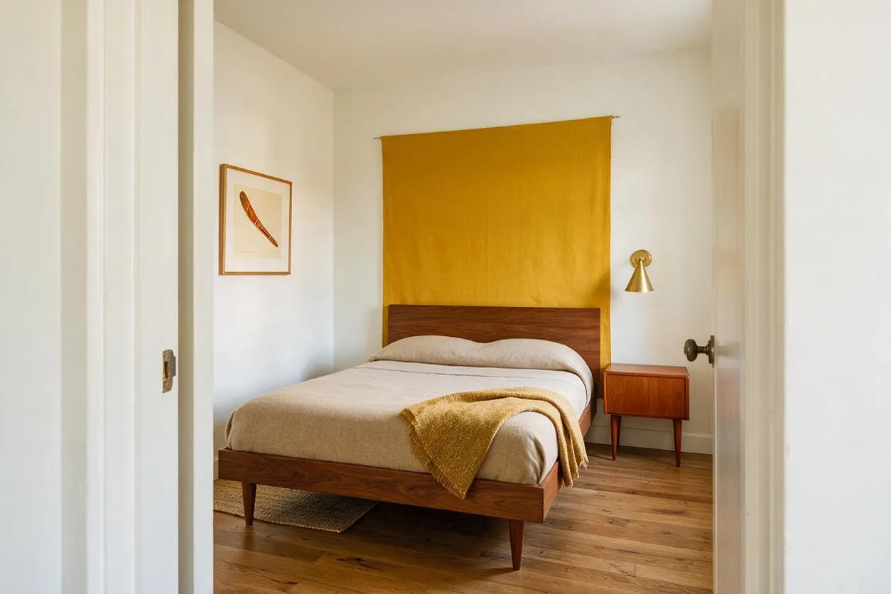 A compact guest bedroom viewed through an open doorway, featuring a low walnut bed with tapered legs, beige bedding, and a mustard-yellow textile panel behind the headboard. A small matching wood nightstand and brass wall sconce sit to the right, while a framed abstract print hangs on the left white wall. Warm wood flooring and a soft neutral palette create a calm mid-century modern feel.