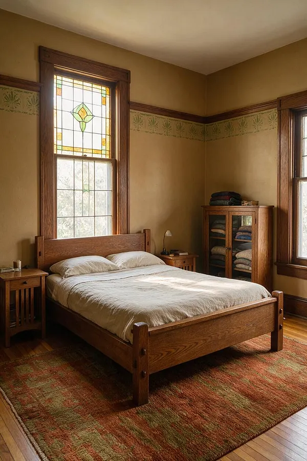 A Craftsman-style master bedroom with a solid wood bed centered beneath a large stained-glass window. The room includes matching wood nightstands, a glass-front cabinet with folded blankets, warm tan walls with a decorative border, and a large earthy area rug over hardwood floors.