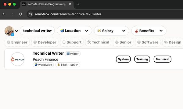 The image displays a job search interface for remote positions, specifically for a Technical Writer role at Peach Finance.