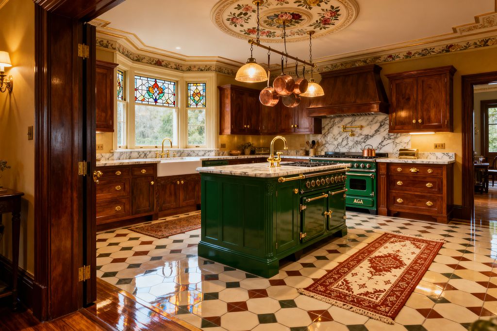 A richly detailed Victorian kitchen features an emerald green island and matching AGA range with brass hardware, topped in veined white marble. Walnut cabinets line the walls with a marble backsplash and brass pot filler. A farmhouse sink sits below stained-glass bay windows. A floral ceiling medallion frames pendant lights and a hanging copper pot rack, while geometric glazed tiles and red runners add pattern and warmth.