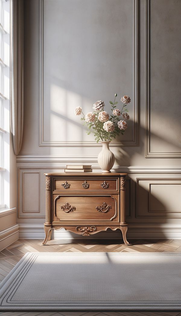 An elegant wooden commode with intricate handles, placed against a neutral-colored wall and decorated with a vase of flowers on top, reflects the light from a nearby window.
