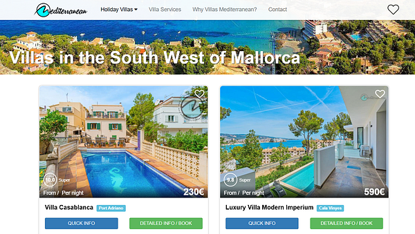 The image displays a webpage featuring villas available for rent in the South West of Mallorca.