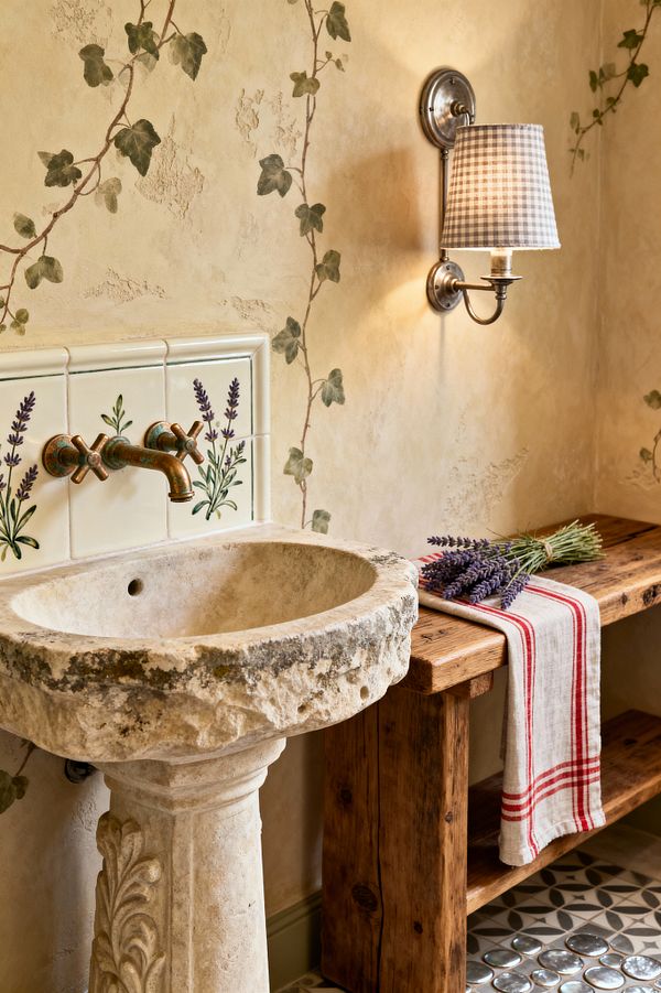 A French Country bathroom vignette with a carved limestone pedestal sink beneath a wall-mounted vintage brass faucet set into hand-painted ceramic tiles featuring lavender sprigs. Aged plaster walls stenciled with trailing ivy surround a metal wall sconce with a gray gingham shade. To the right, a chunky reclaimed-wood bench holds a red-striped linen and fresh lavender, and patterned gray-and-cream floor tiles appear below.
