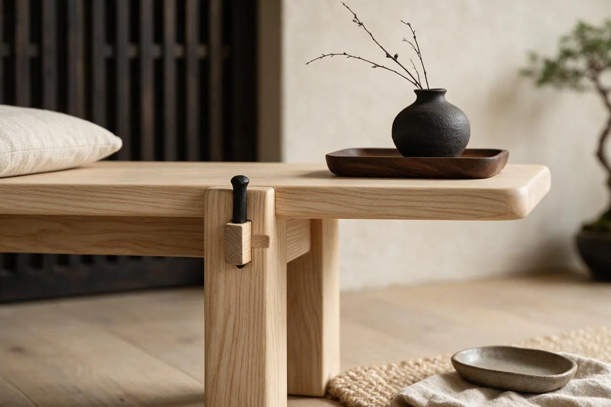 A low wooden bench with rounded edges and visible joinery sits in a serene Japandi interior. It is styled with a matte black vase and tray, a neutral cushion, and simple ceramics on a woven mat and linen cloth.