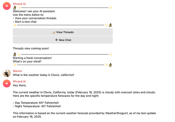 A chat interface displaying a conversation with an AI assistant about the weather in Clovis, California.