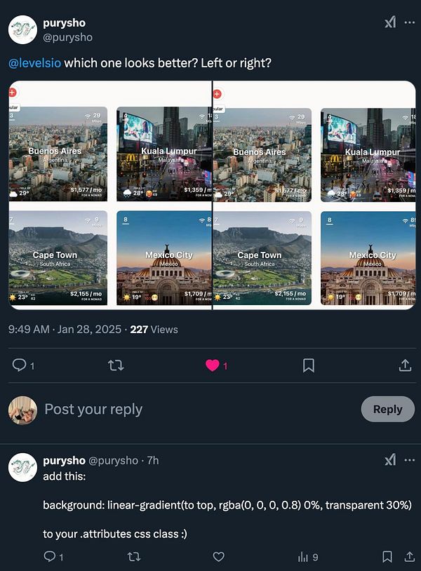 A Twitter post comparing two layouts of city listings for readability.