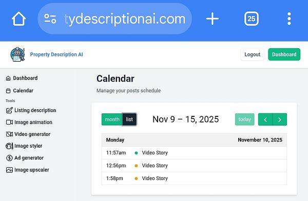 The image displays a calendar interface for scheduling video stories on a property description platform.