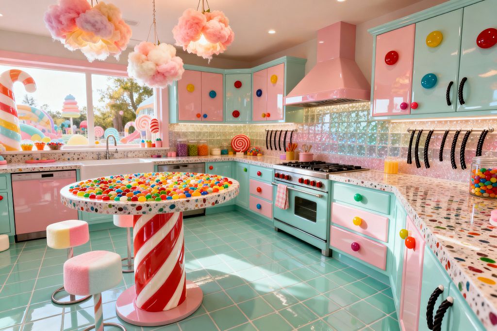 A whimsical kitchen with pastel mint and pink cabinets, oversized candy-like knobs, and black licorice-style pulls. Confetti terrazzo countertops pair with an iridescent glass-tile backsplash above an aqua tiled floor. A retro mint range sits beneath a glossy pink hood, while a round resin gumball table on a red-and-white candy-cane pedestal is surrounded by marshmallow-like stools and cotton-candy cloud pendants.