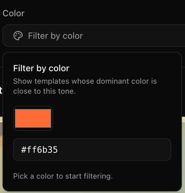 A user interface element for filtering templates by dominant color.