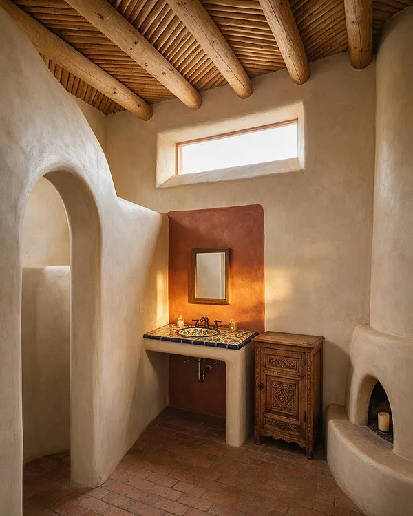 A Southwestern powder room with smooth adobe plaster walls, a rustic wood-beam ceiling, and terracotta tile flooring. A colorful Talavera-style vessel sink sits on a tiled vanity niche beside a carved wooden cabinet, with arched openings and a small high window adding soft natural light.