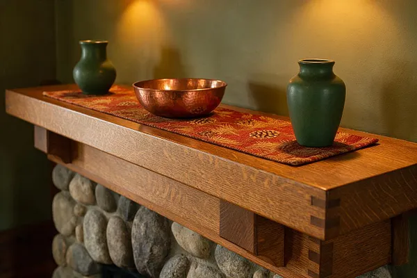 A Craftsman-style mantel shelf made of warm oak sits above a stone base, styled with a patterned red runner, two dark green ceramic vases, and a hammered copper bowl. Soft warm lighting highlights the textured wood grain, the natural stonework, and the earthy color palette.