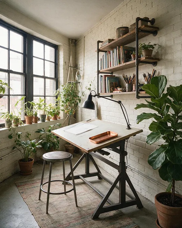 A bright sunroom with black-framed factory-style windows, white painted brick walls, and a compact worktable with a black task lamp. Open pipe shelves hold books and small decor, while terracotta and ceramic potted plants add greenery throughout the room.