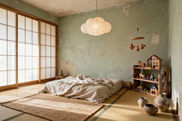 A serene children’s room features tatami floors and a low futon with rumpled linen beside wide shoji screens in light wood. Overhead hangs a cloud-shaped paper lantern and a simple wooden mobile. A weathered wooden shelf holds colorful wooden houses and animals. The sage-green plaster walls show natural wear, while a jute rug and clay pots rest on the floor, all bathed in soft, diffused daylight.