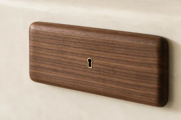 A close-up of a rectangular walnut wood cover mounted on a light wall, with softly rounded corners and a small brass keyhole centered on the face. The piece has a smooth satin finish and visible natural wood grain, creating a warm minimalist look.