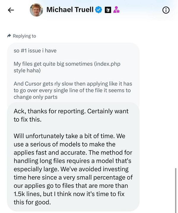 A conversation between Michael Truell and another user discussing issues with file handling in Cursor.