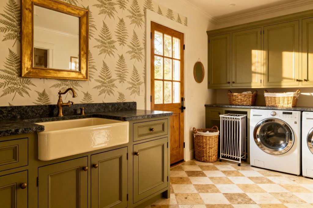 A traditional laundry room features olive green inset cabinets with bronze knobs, a cream apron-front farmhouse sink, and dark stone countertops. Fern-patterned wallpaper, a gilded rectangular mirror, and a natural wood glass-panel door add warmth, while a beige-and-cream checkerboard stone floor, front-loading washer and dryer with chrome trim, wicker baskets, and a white rolling laundry sorter complete the organized, classic space.