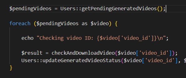 The image displays a code snippet for processing pending video generations in a programming environment.