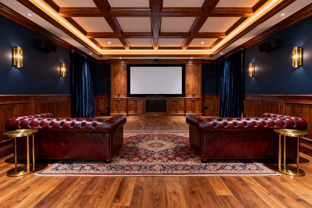 A traditional home theater features a stained-wood coffered ceiling and built-in cabinetry surrounding a large projection screen. Two burgundy Chesterfield leather sofas sit on a patterned red and navy rug over medium-tone hardwood floors. Deep navy walls with wood wainscoting hold brass sconces, while cove lighting warms the ceiling. Navy velvet curtains frame the screen, with black speakers and round brass side tables completing the symmetrical layout.