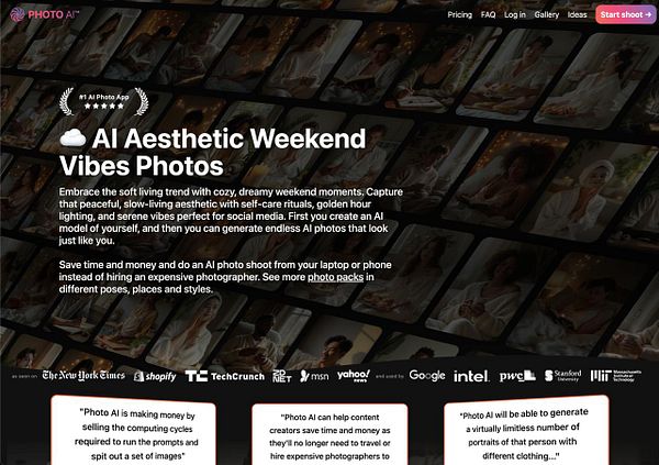 The image features a promotional webpage for an AI photo app focused on creating aesthetic weekend vibe photos.