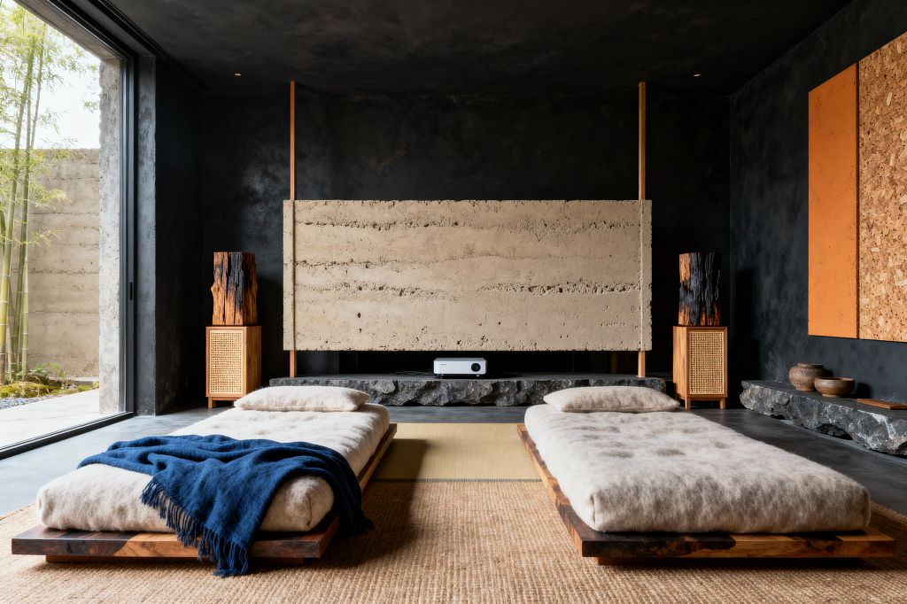 A Wabi-Sabi media room with two low futon-style daybeds on walnut platforms faces a large sandy earthen panel and a small projector resting on a rough stone ledge. The space has matte charcoal walls, a jute rug with a central tatami mat, cane-front cabinets topped with charred wood sculptures, cork wall panels, hand-thrown ceramics, and a floor-to-ceiling glass opening to a bamboo courtyard.