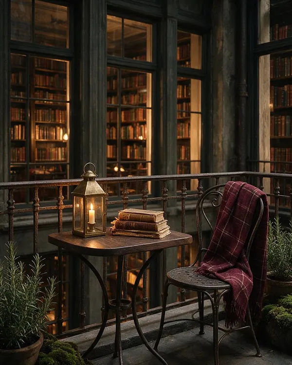 A narrow balcony outside a tall library façade, with dark painted window frames revealing shelves of books inside. A small round table holds a brass lantern with a lit candle and a stack of worn old books, while a metal chair is draped with a burgundy plaid throw. Potted herbs and mossy greenery add softness to the weathered stone and iron setting.