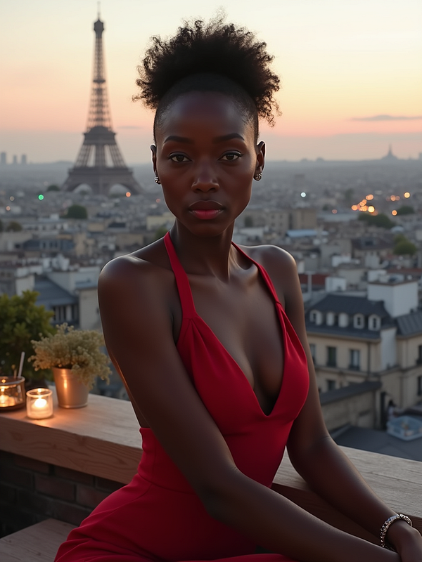 A woman in a red dress poses against a stunning Parisian skyline at sunset, featuring the Eiffel Tower in the background.