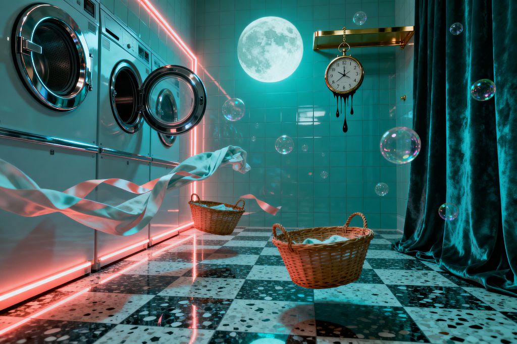 A surreal laundry room with a row of stainless-steel front-loading washers on the left, accented by pink neon underlighting. Glossy teal square tiles line the walls, featuring a glowing full moon graphic. A brass shelf holds a clock dripping black paint. Wicker laundry baskets and a white silk-like ribbon float above a black-and-white terrazzo checkerboard floor. Soap bubbles drift through the scene, and a heavy teal velvet curtain pools on the right.