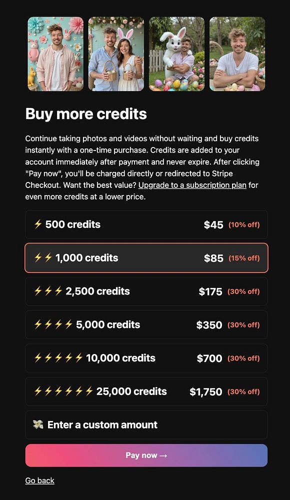 The image displays a promotional page for purchasing credits with a selection of saved photos at the top.