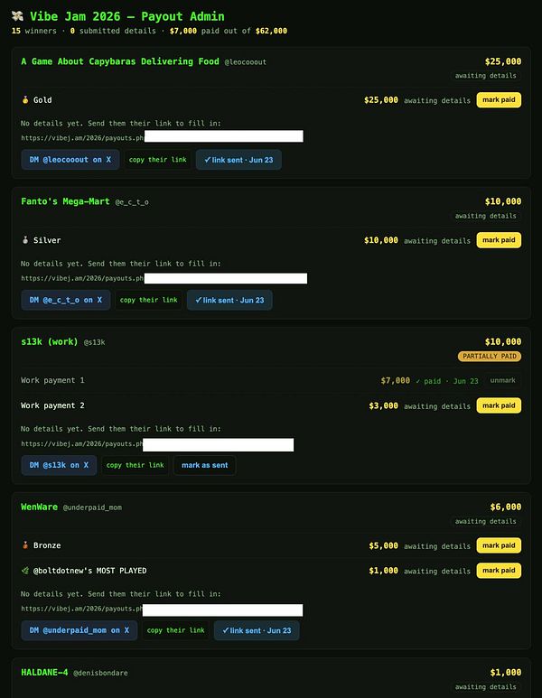 Screenshot of a VibeJam winners page showing Wise payout information and a code snippet.